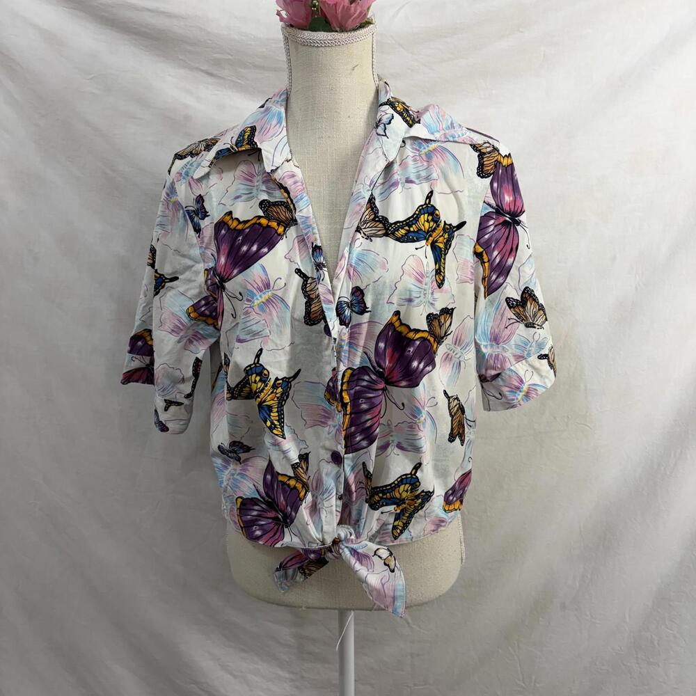 Butterfly print button up crop top vintage Harvé Benard